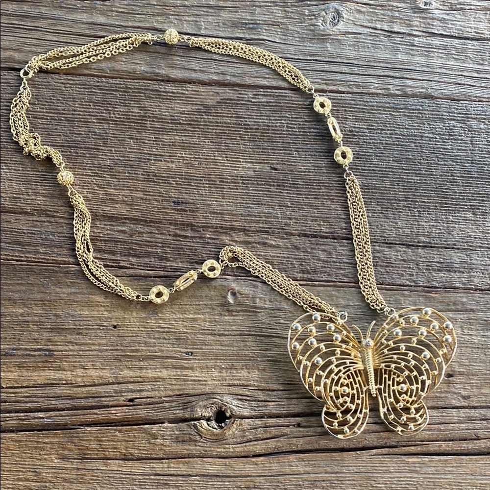 Butterfly Pendant Necklace Unsigned Pauline Rader Statement Gold Tone Massivee